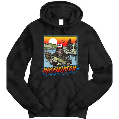 Bassquatch! Funny Bass Fishing Sasquatch Retro 80s Fisherman Tie Dye Hoodie