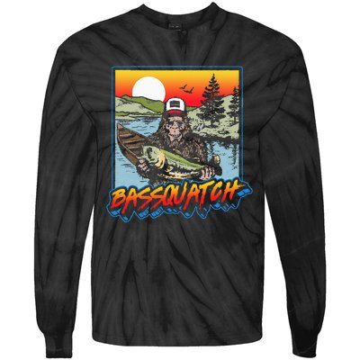 Bassquatch! Funny Bass Fishing Sasquatch Retro 80s Fisherman Tie-Dye Long Sleeve Shirt