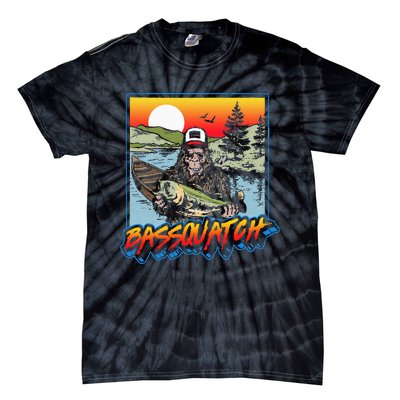 Bassquatch! Funny Bass Fishing Sasquatch Retro 80s Fisherman Tie-Dye T-Shirt