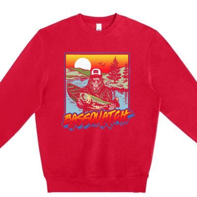 Bassquatch! Funny Bass Fishing Sasquatch Retro 80s Fisherman Premium Crewneck Sweatshirt