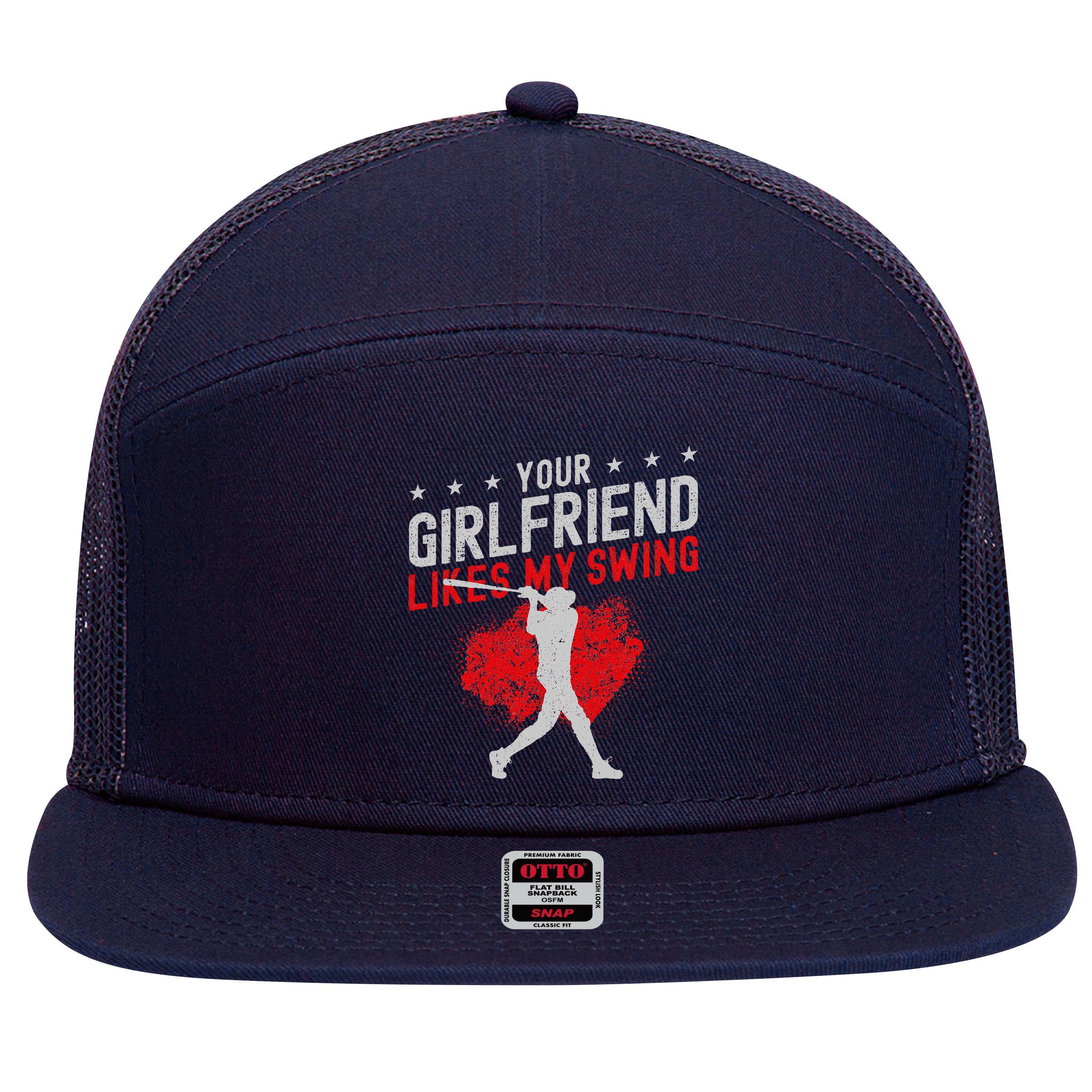Baseball Fan Batter Vintage Your Girlfriend Likes My Swing 7 Panel Mesh Trucker Snapback Hat