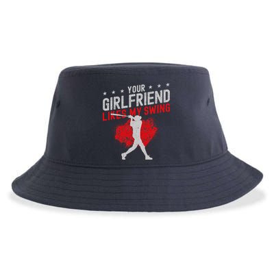 Baseball Fan Batter Vintage Your Girlfriend Likes My Swing Sustainable Bucket Hat