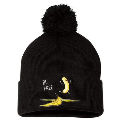 Be Free Banana Funny Banana Man Running Banana Stripping Pom Pom 12in Knit Beanie