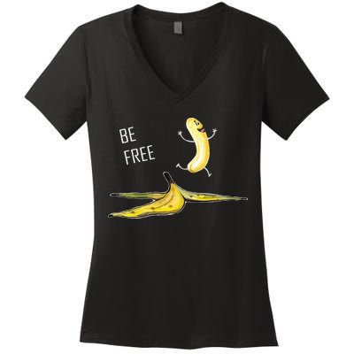 Be Free Banana Funny Banana Man Running Banana Stripping Women's V-Neck T-Shirt