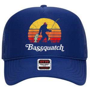 Bassquatch! Funny Bigfoot Fishing Outdoor Retro High Crown Mesh Back Trucker Hat