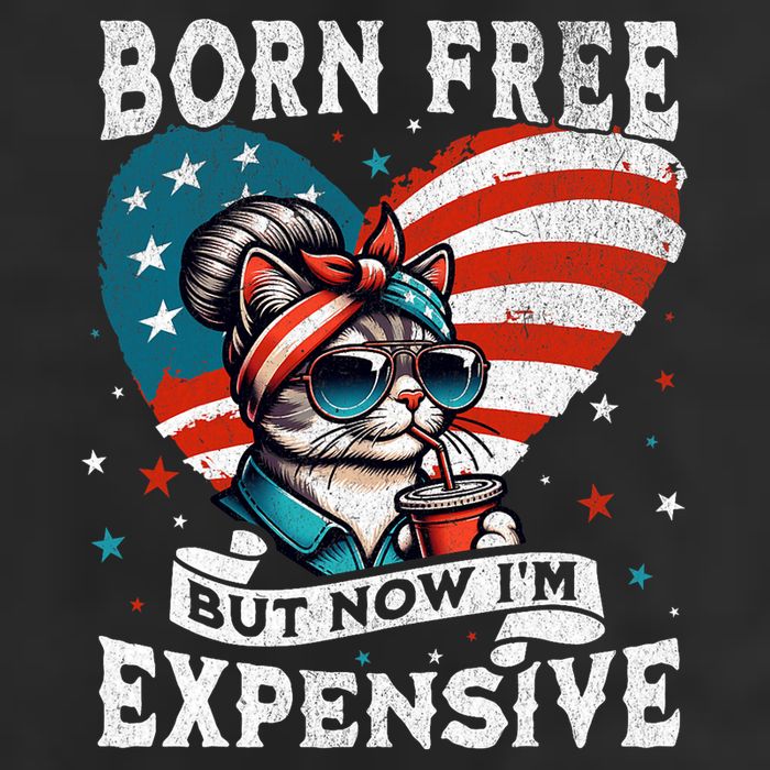 Born Free But Now IM Expensive Funny Mom Bun Cat July 4th Cool Comfort Performance Bucket Hat