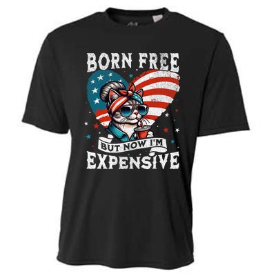 Born Free But Now IM Expensive Funny Mom Bun Cat July 4th Cooling Performance Crew T-Shirt