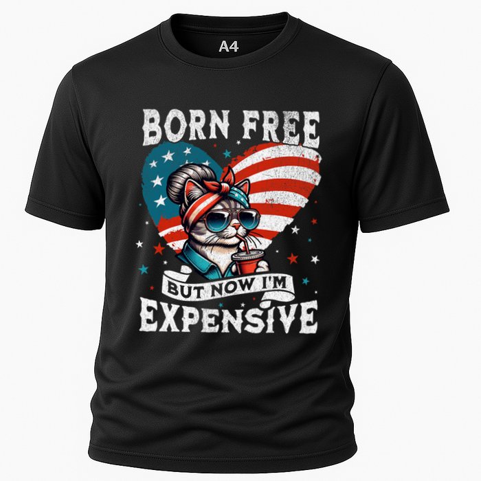 Born Free But Now IM Expensive Funny Mom Bun Cat July 4th Cooling Performance Crew T-Shirt