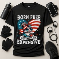 Born Free But Now IM Expensive Funny Mom Bun Cat July 4th Cooling Performance Crew T-Shirt