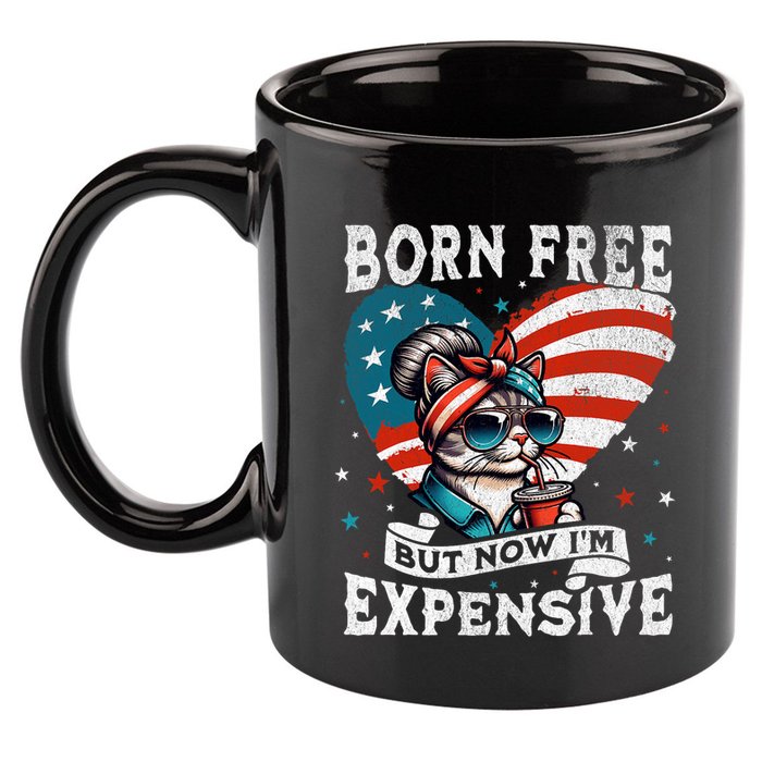Born Free But Now IM Expensive Funny Mom Bun Cat July 4th 11oz C Handle Ceramic Mug