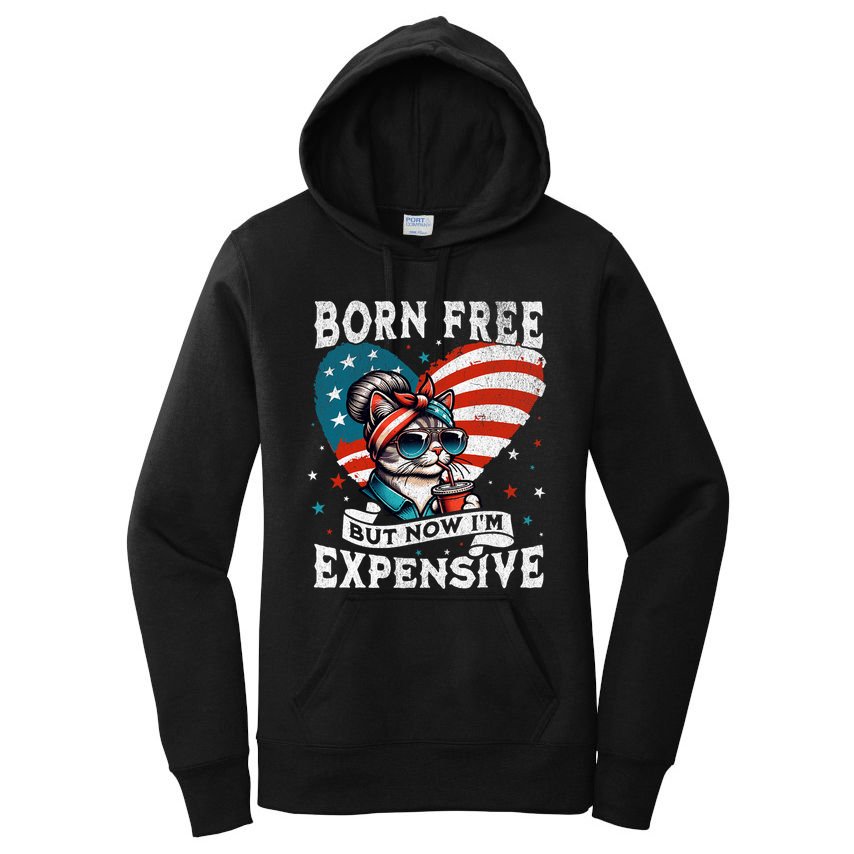 Born Free But Now IM Expensive Funny Mom Bun Cat July 4th Women's Pullover Hoodie