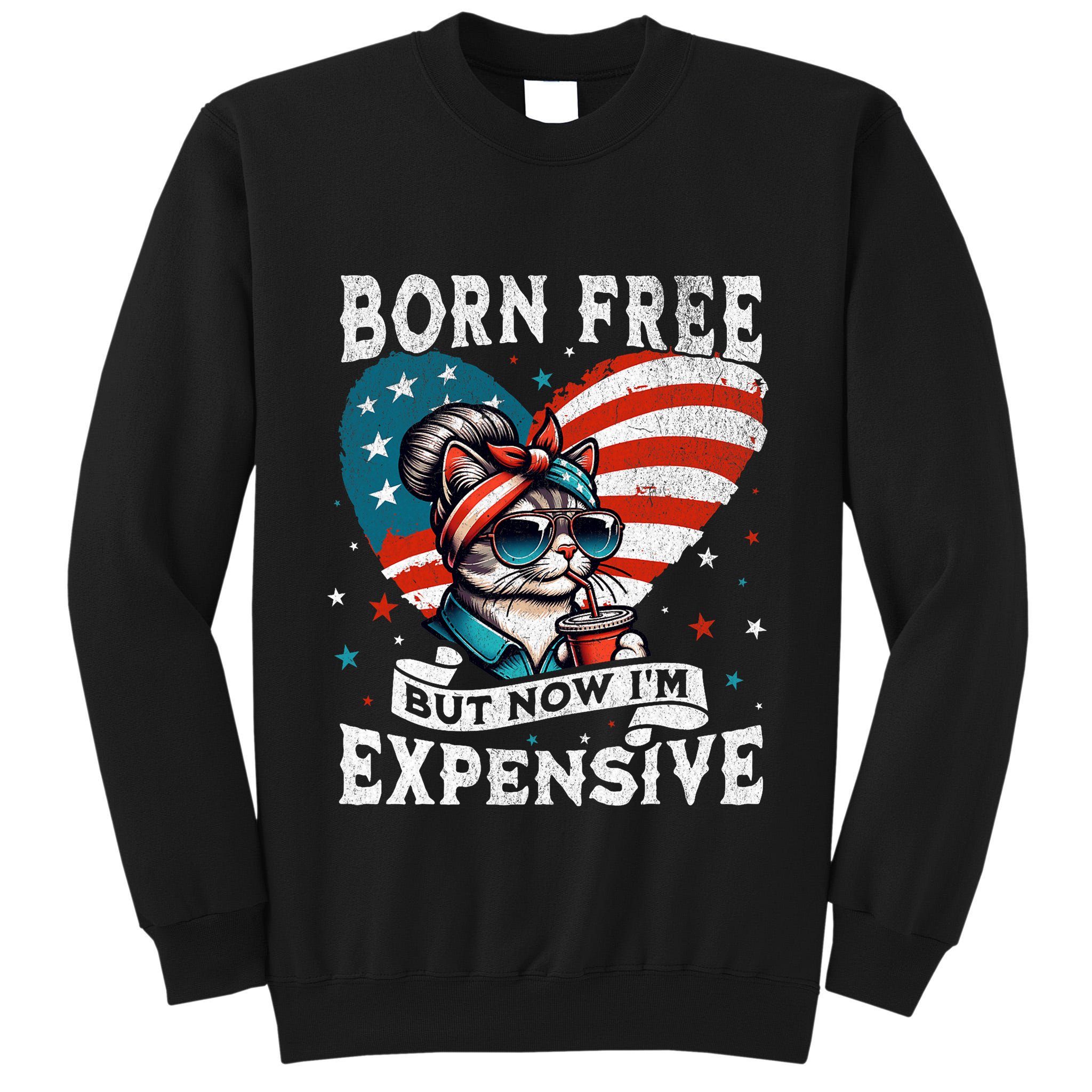 Born Free But Now IM Expensive Funny Mom Bun Cat July 4th Tall Sweatshirt