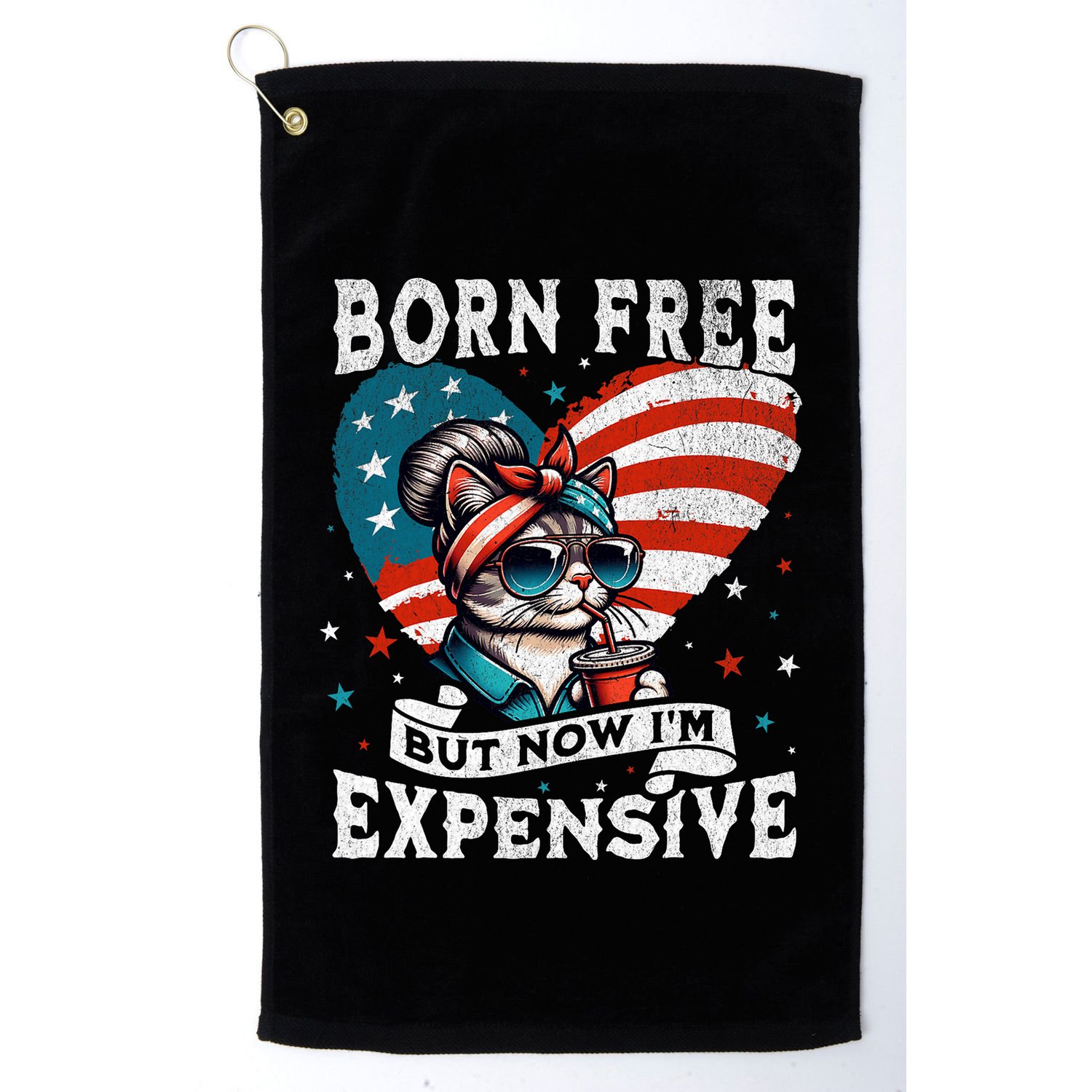 Born Free But Now IM Expensive Funny Mom Bun Cat July 4th Golf Towel