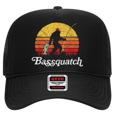 Bassquatch! Funny Bigfoot Fishing Outdoor Retro High Crown Mesh Back Trucker Hat