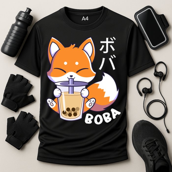Boba Fox Bubble Tea Chibi Foxes Cooling Performance Crew T-Shirt