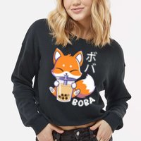 Boba Fox Bubble Tea Chibi Foxes Cropped Pullover Crew