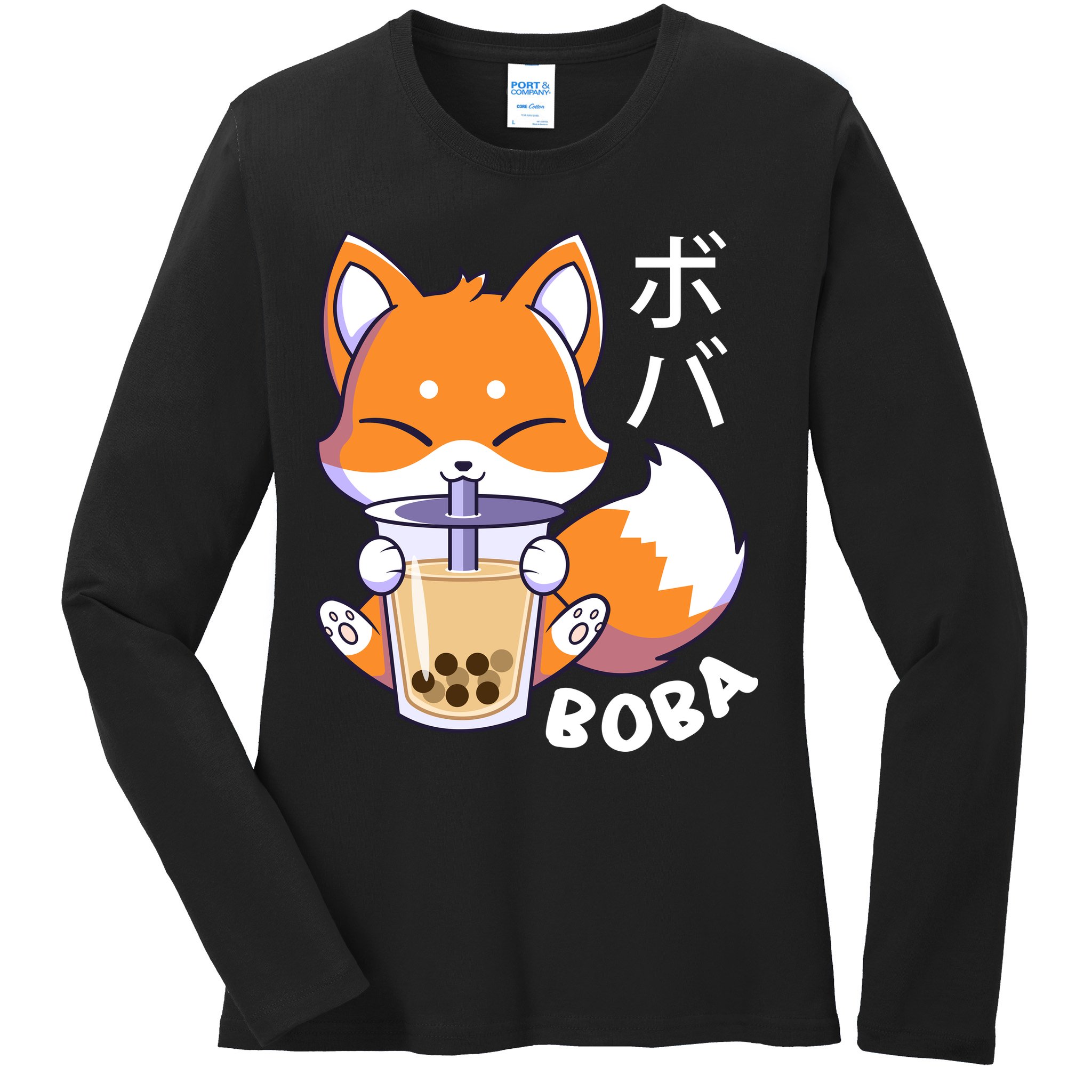 Boba Fox Bubble Tea Chibi Foxes Ladies Long Sleeve Shirt