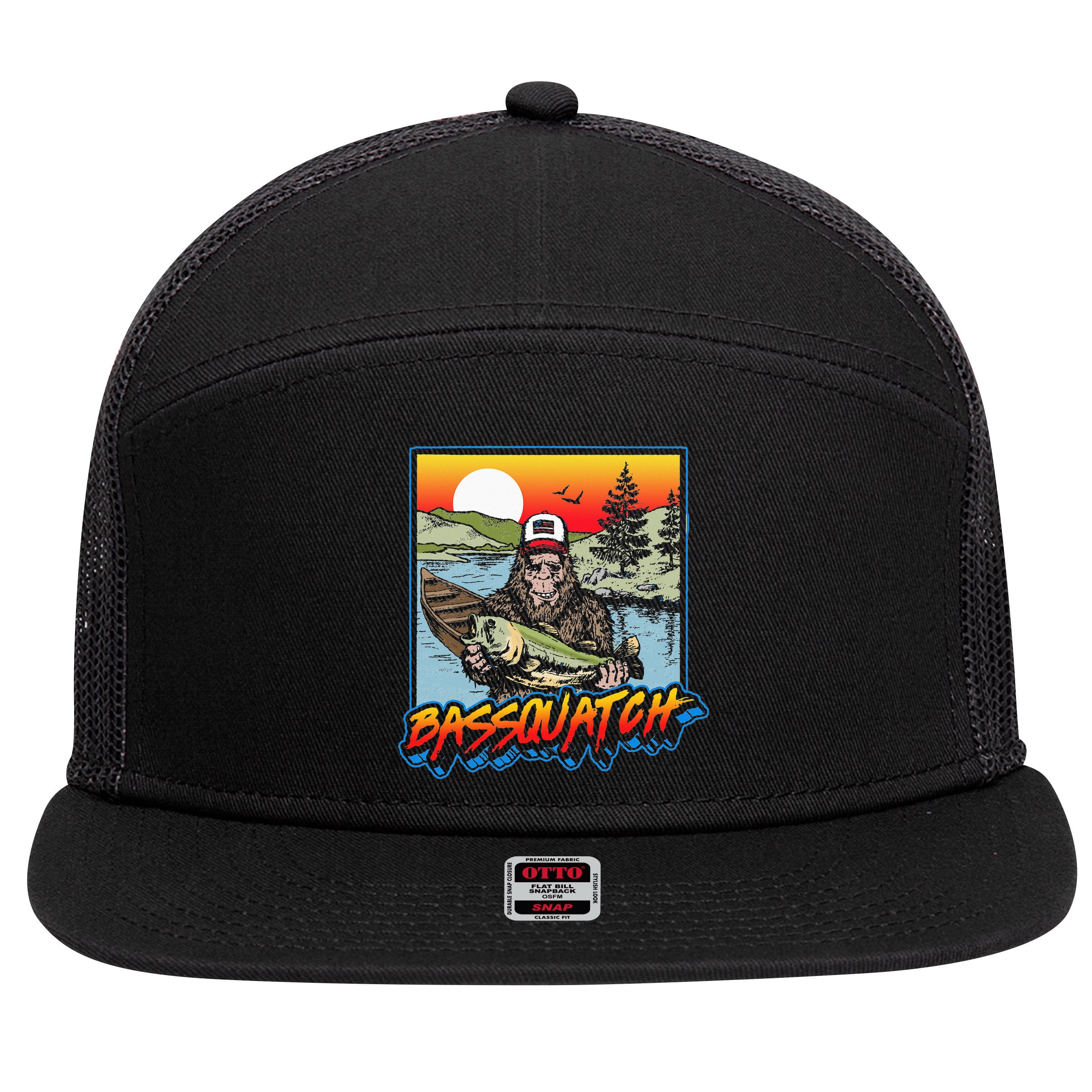 Bassquatch! Funny Bass Fishing Sasquatch Retro 80s Fisherman 7 Panel Mesh Trucker Snapback Hat
