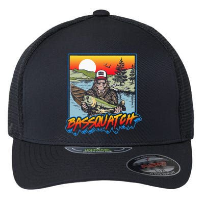 Bassquatch! Funny Bass Fishing Sasquatch Retro 80s Fisherman Flexfit Unipanel Trucker Cap