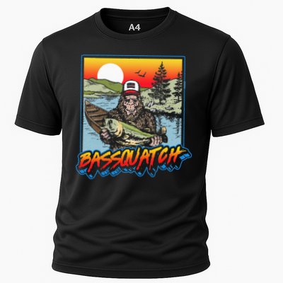 Bassquatch! Funny Bass Fishing Sasquatch Retro 80s Fisherman Performance Shirt