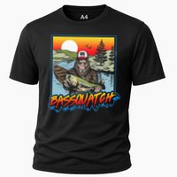 Bassquatch! Funny Bass Fishing Sasquatch Retro 80s Fisherman Cooling Performance Crew T-Shirt