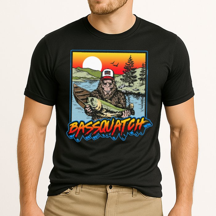 Bassquatch! Funny Bass Fishing Sasquatch Retro 80s Fisherman Cooling Performance Crew T-Shirt