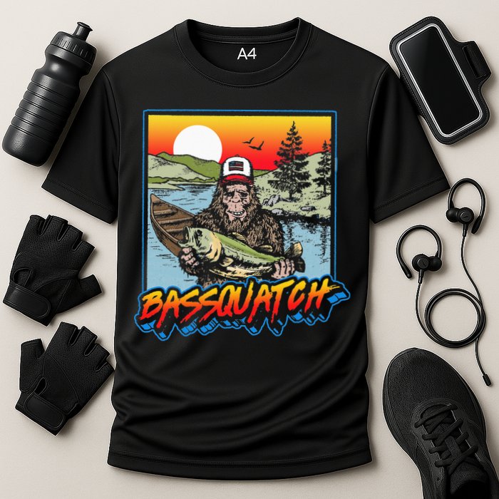 Bassquatch! Funny Bass Fishing Sasquatch Retro 80s Fisherman Cooling Performance Crew T-Shirt