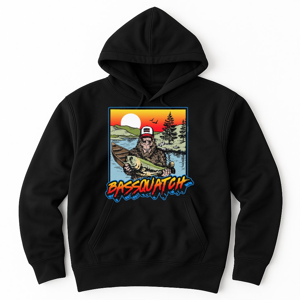 Bassquatch! Funny Bass Fishing Sasquatch Retro 80s Fisherman Hoodie