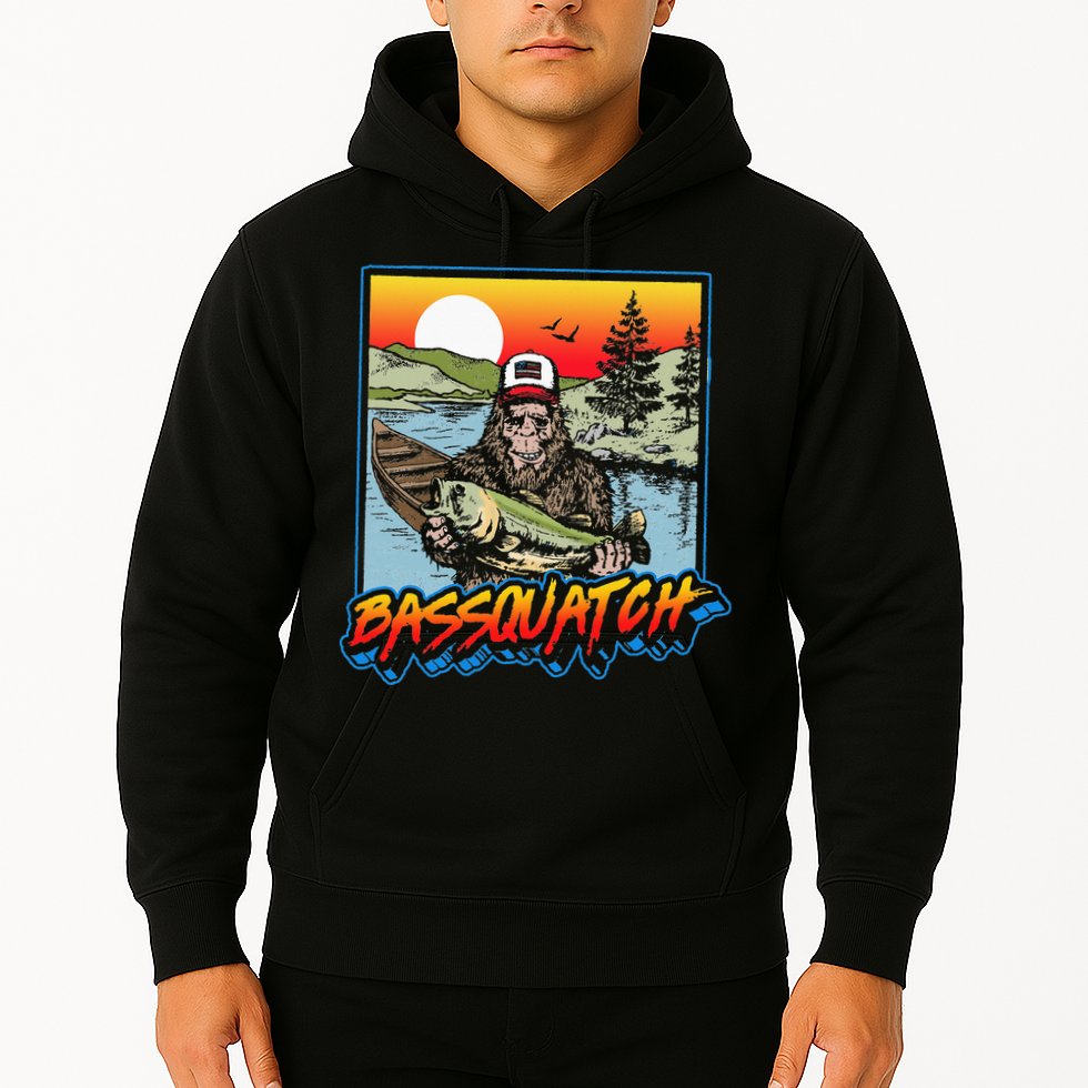 Bassquatch! Funny Bass Fishing Sasquatch Retro 80s Fisherman Hoodie