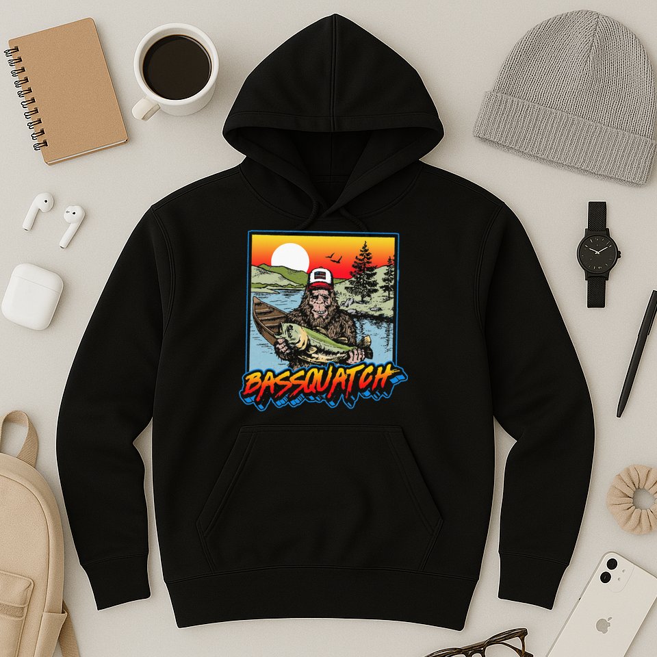 Bassquatch! Funny Bass Fishing Sasquatch Retro 80s Fisherman Hoodie