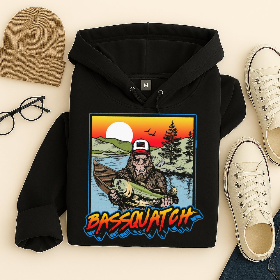 Bassquatch! Funny Bass Fishing Sasquatch Retro 80s Fisherman Hoodie