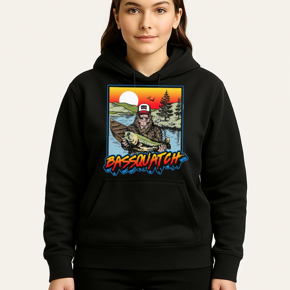 Bassquatch! Funny Bass Fishing Sasquatch Retro 80s Fisherman Hoodie