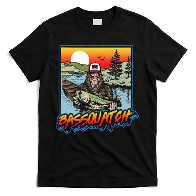 Bassquatch! Funny Bass Fishing Sasquatch Retro 80s Fisherman T-Shirt