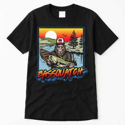 Bassquatch! Funny Bass Fishing Sasquatch Retro 80s Fisherman Tall T-Shirt
