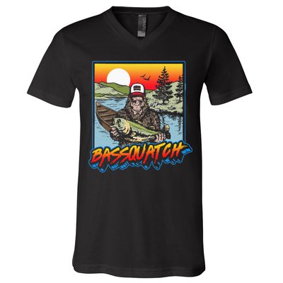 Bassquatch! Funny Bass Fishing Sasquatch Retro 80s Fisherman V-Neck T-Shirt