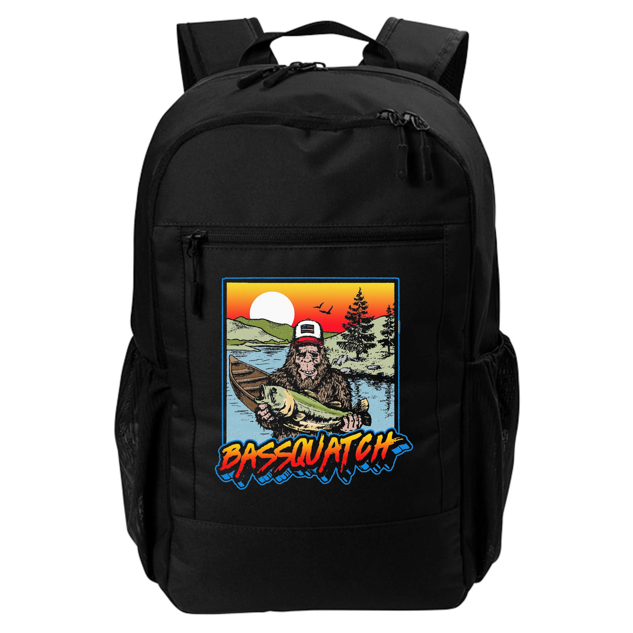 Bassquatch! Funny Bass Fishing Sasquatch Retro 80s Fisherman Backpack