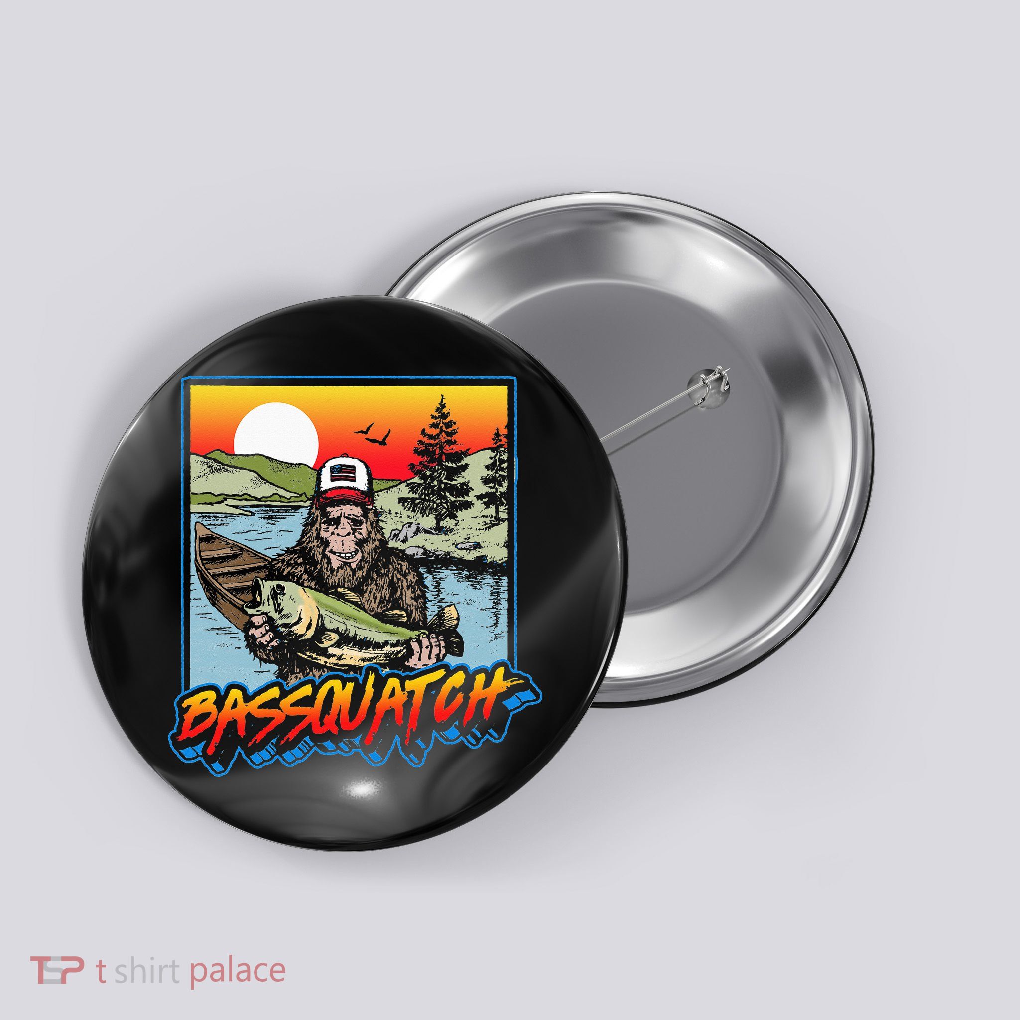 Bassquatch! Funny Bass Fishing Sasquatch Retro 80s Fisherman Button