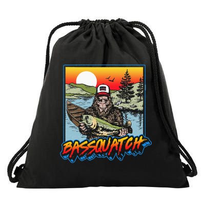 Bassquatch! Funny Bass Fishing Sasquatch Retro 80s Fisherman Drawstring Bag