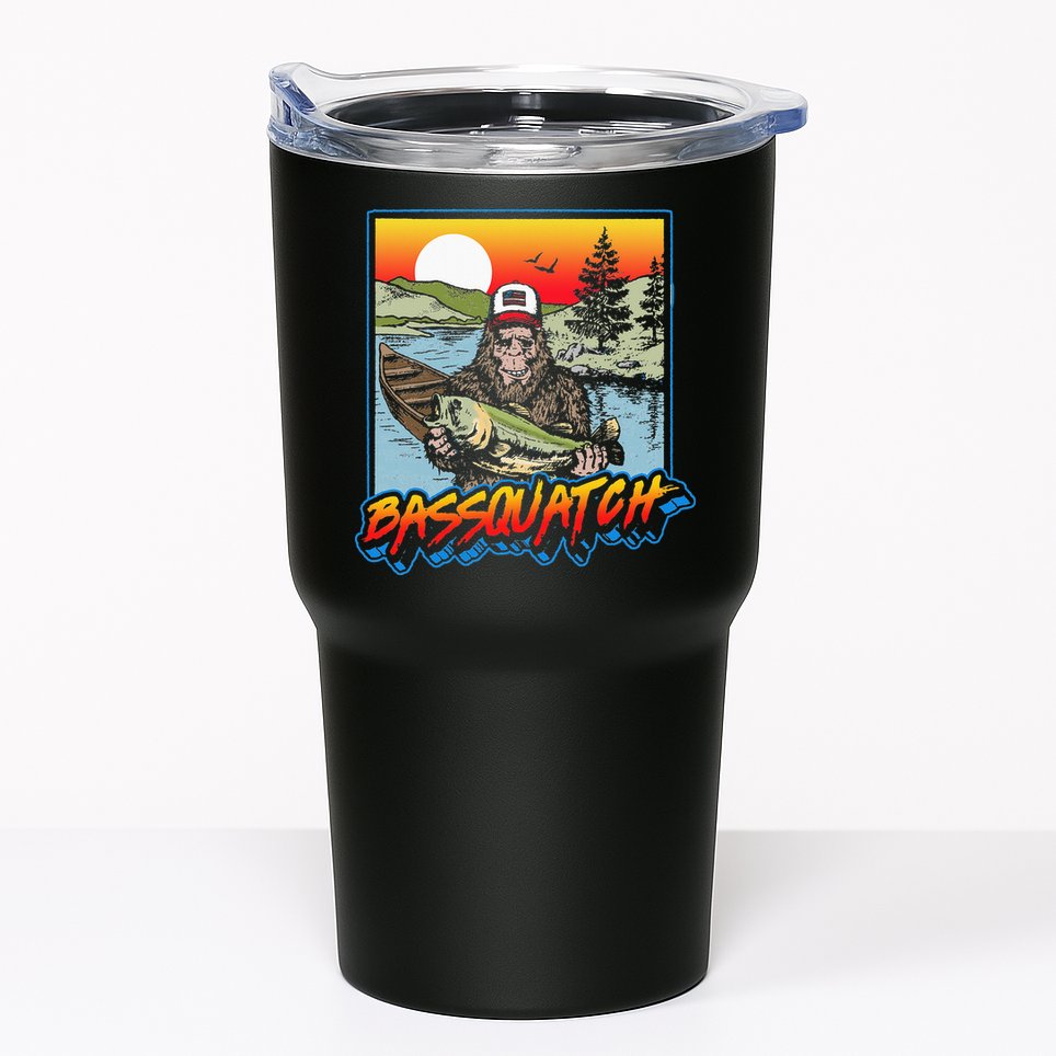 Bassquatch! Funny Bass Fishing Sasquatch Retro 80s Fisherman Tumbler
