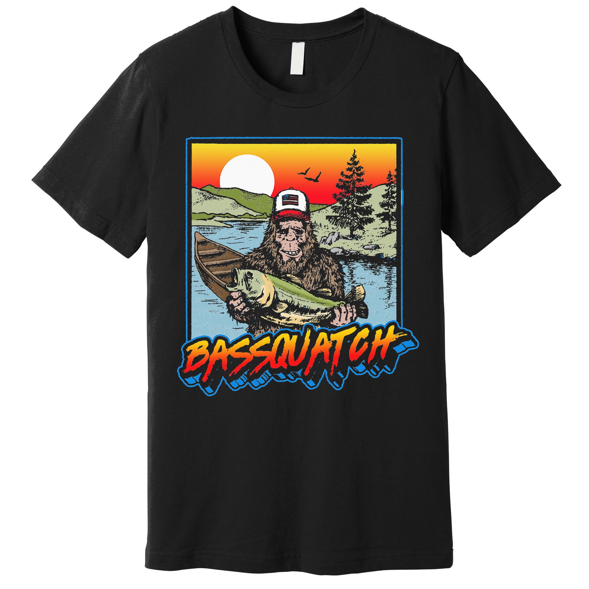 Bassquatch! Funny Bass Fishing Sasquatch Retro 80s Fisherman Premium T-Shirt