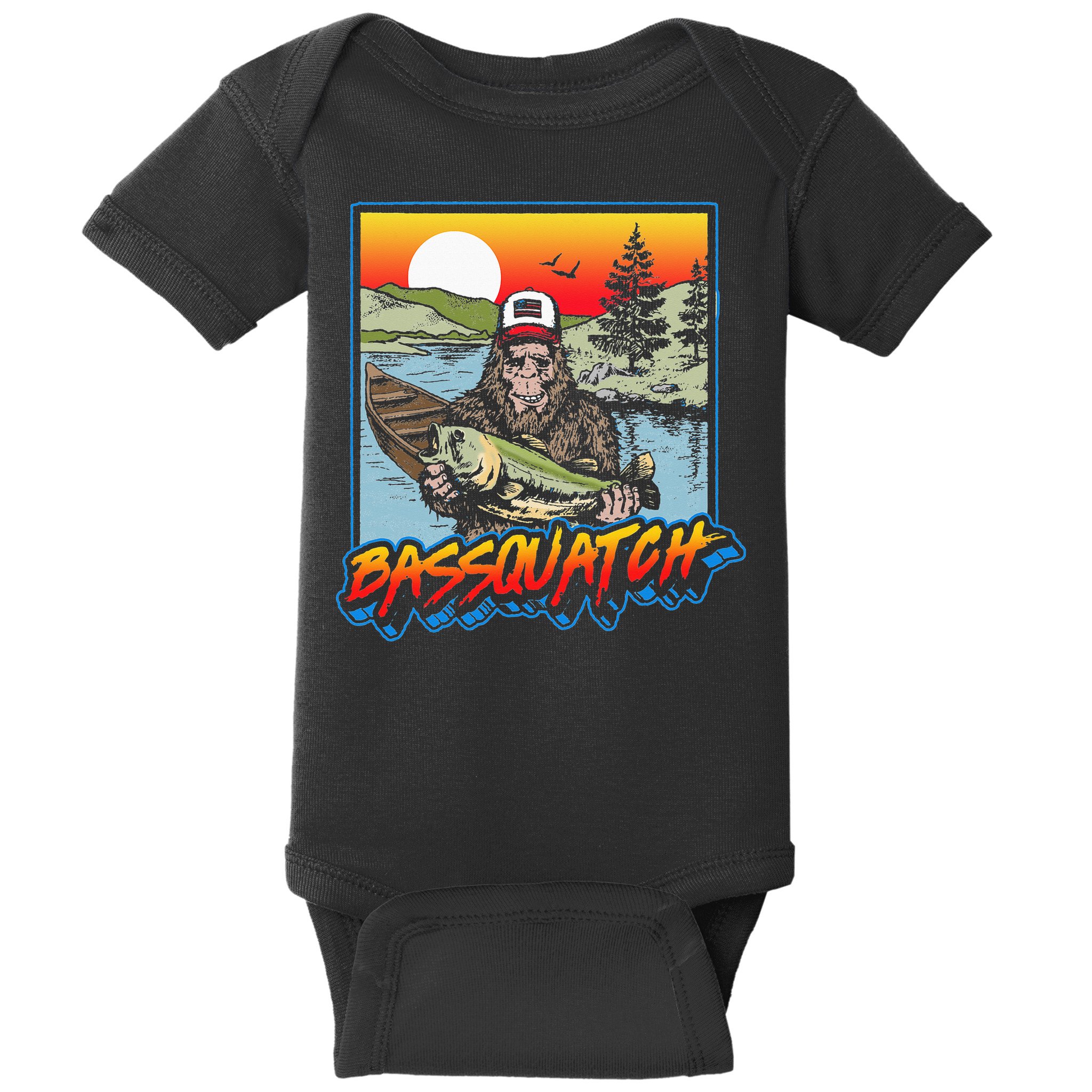 Bassquatch! Funny Bass Fishing Sasquatch Retro 80s Fisherman Baby Bodysuit