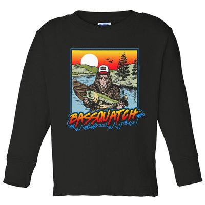 Bassquatch! Funny Bass Fishing Sasquatch Retro 80s Fisherman Toddler Long Sleeve Shirt