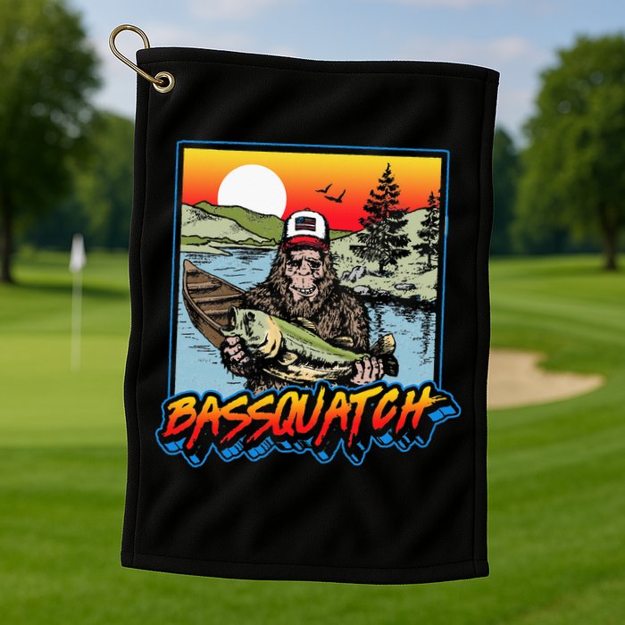 Bassquatch! Funny Bass Fishing Sasquatch Retro 80s Fisherman Golf Towel