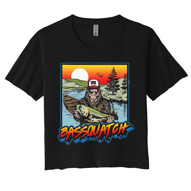 Bassquatch! Funny Bass Fishing Sasquatch Retro 80s Fisherman Crop Top
