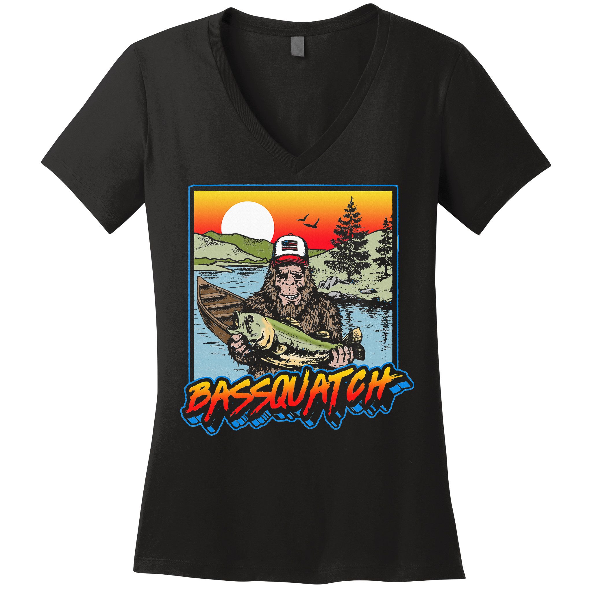 Bassquatch! Funny Bass Fishing Sasquatch Retro 80s Fisherman Women's V-Neck T-Shirt