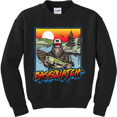 Bassquatch! Funny Bass Fishing Sasquatch Retro 80s Fisherman Kids Sweatshirt