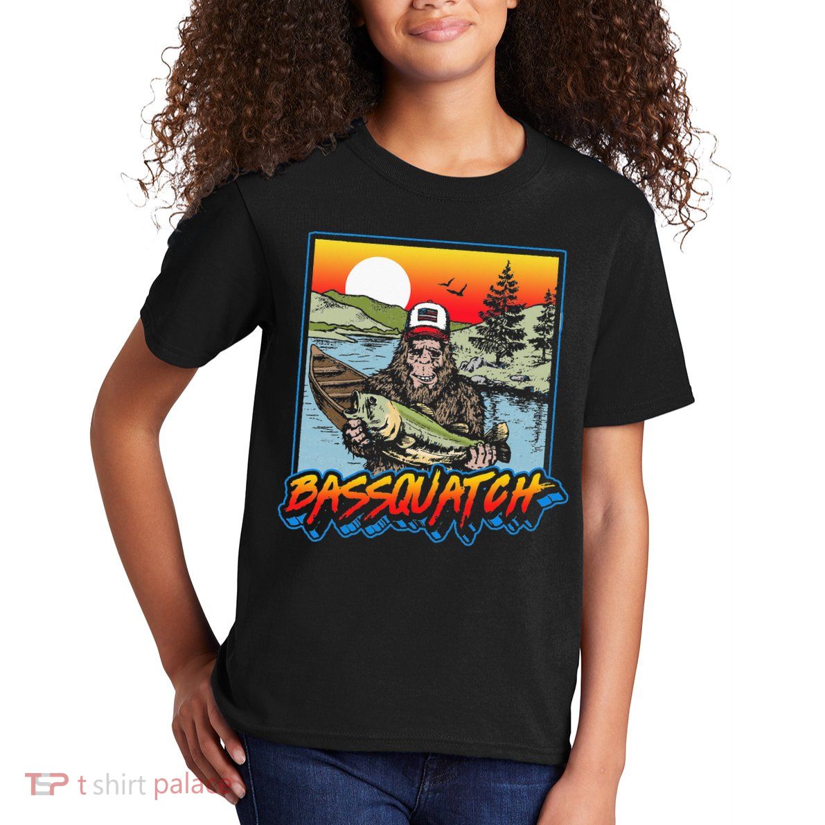 Bassquatch! Funny Bass Fishing Sasquatch Retro 80s Fisherman Kids T-Shirt