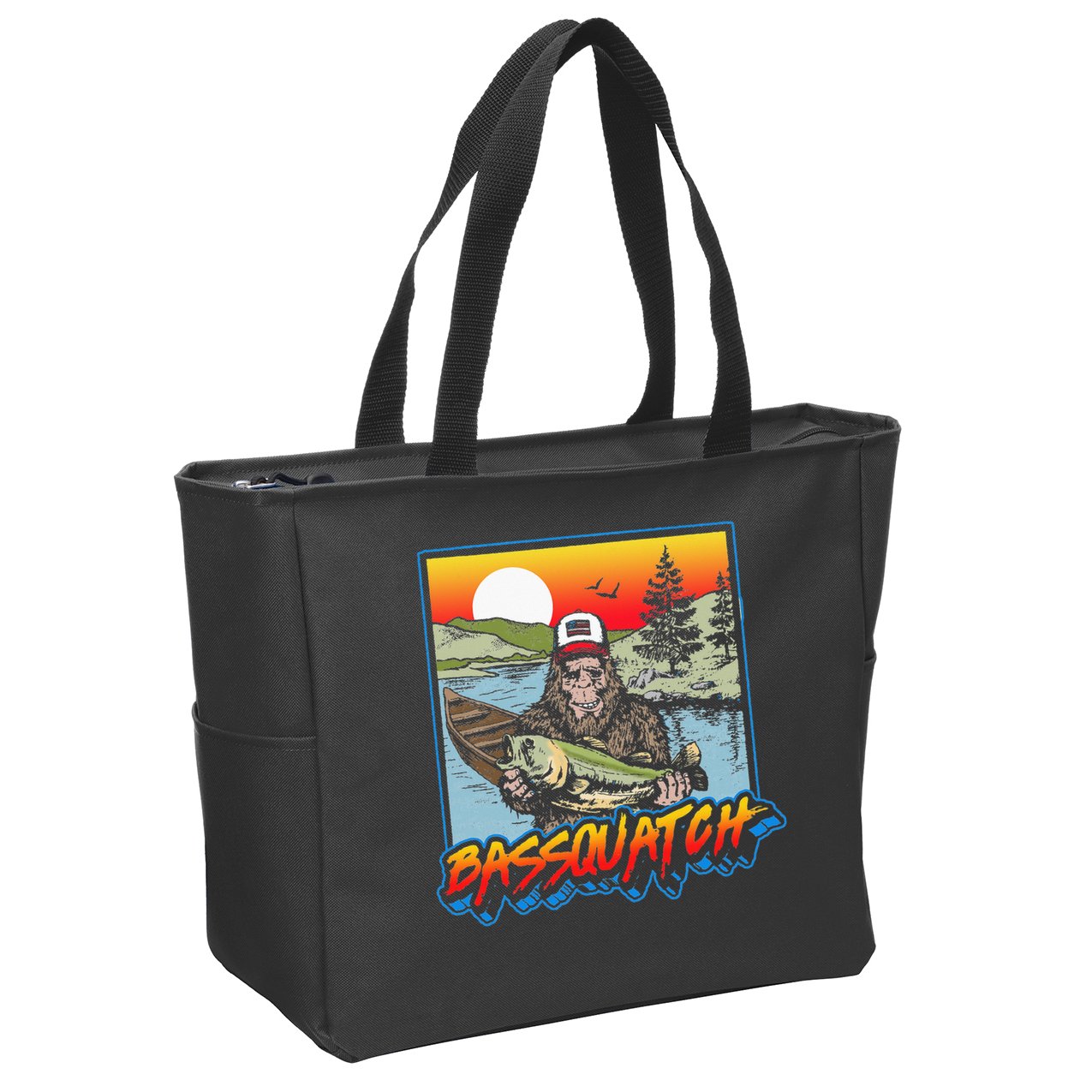 Bassquatch! Funny Bass Fishing Sasquatch Retro 80s Fisherman Zip Tote Bag