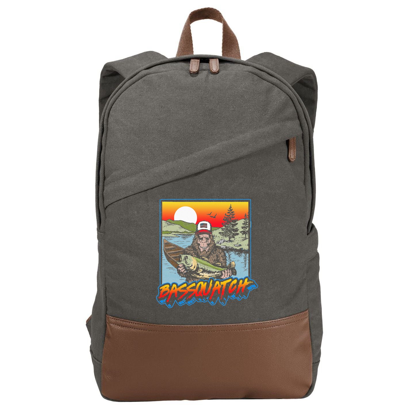 Bassquatch! Funny Bass Fishing Sasquatch Retro 80s Fisherman Cotton Canvas Backpack