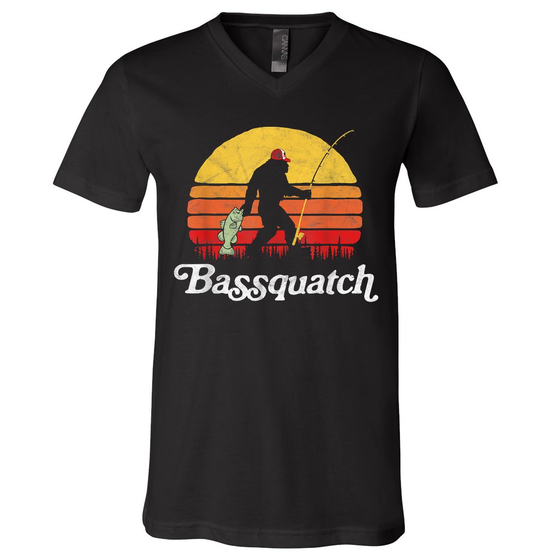 Bassquatch! Funny Bigfoot Fishing Outdoor Retro Funny Fishing Bigfoot Merch V-Neck T-Shirt